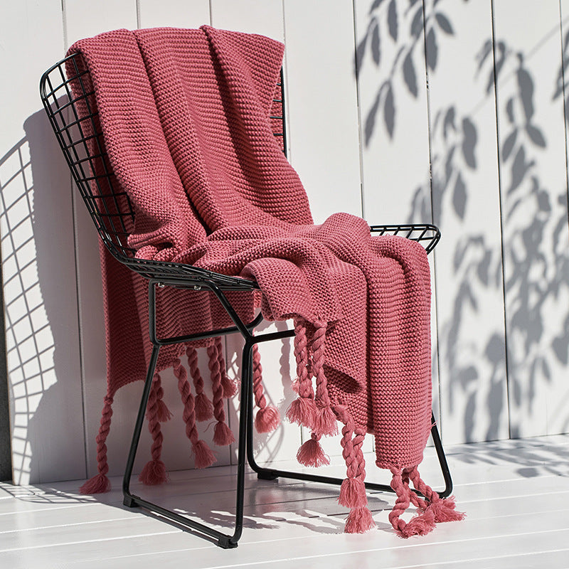 Solid Color Nordic Knitted Blanket – Sofa & Office Throw with Tassels