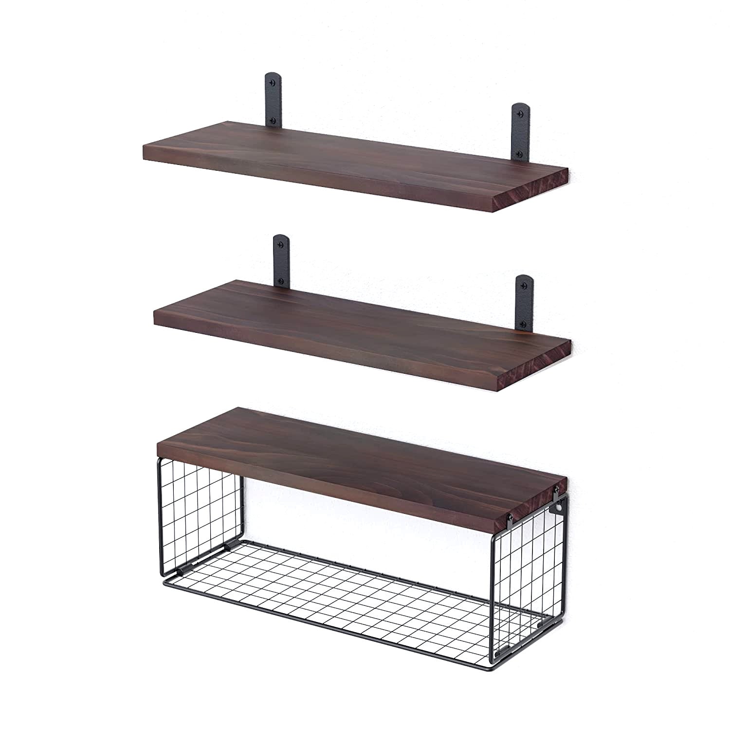2-in-1 Floating Wall Shelves – Wooden Shelf with Storage Basket

