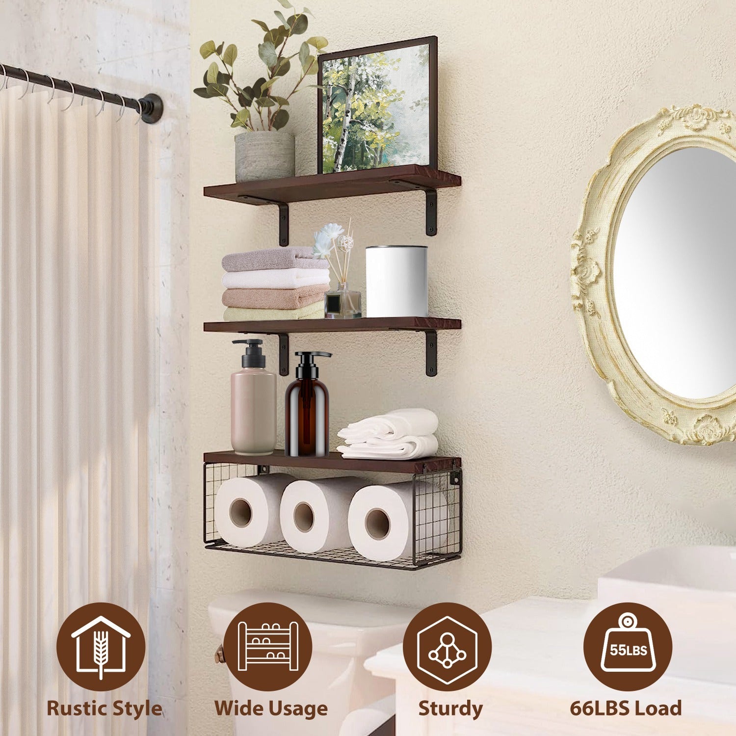 2-in-1 Floating Wall Shelves – Wooden Shelf with Storage Basket
