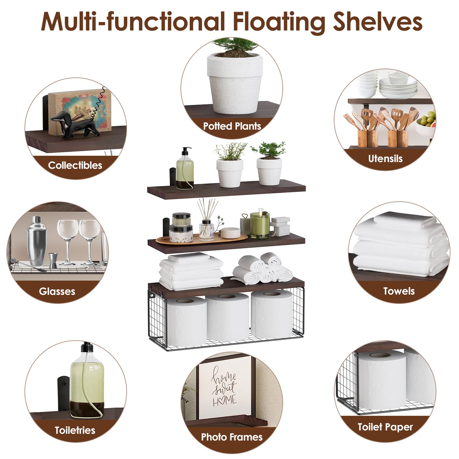 2-in-1 Floating Wall Shelves – Wooden Shelf with Storage Basket
