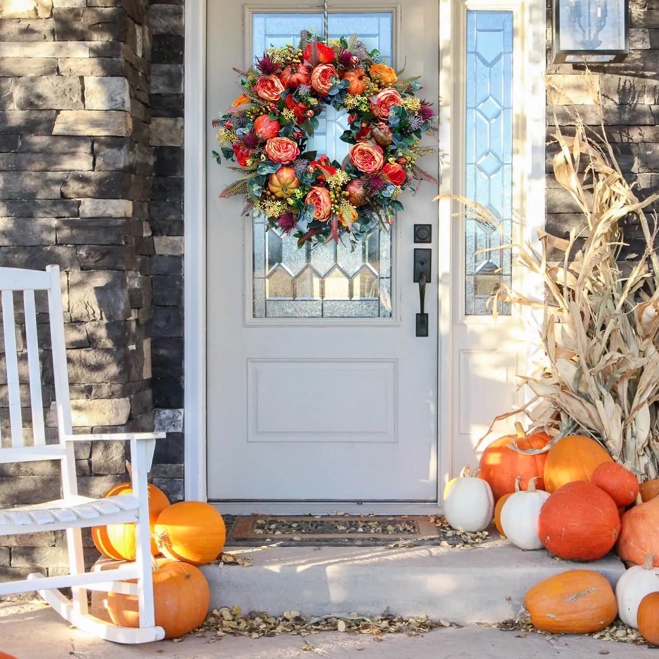 Autumn Peony & Pumpkin Wreath – Halloween Home Decor
