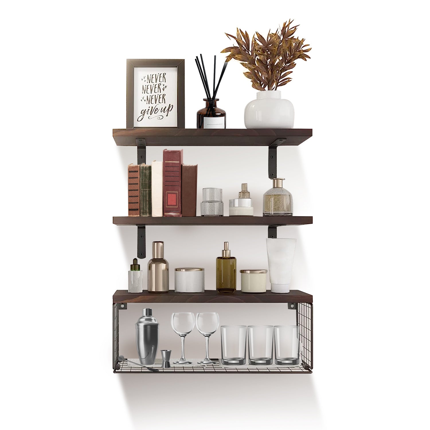 2-in-1 Floating Wall Shelves – Wooden Shelf with Storage Basket
