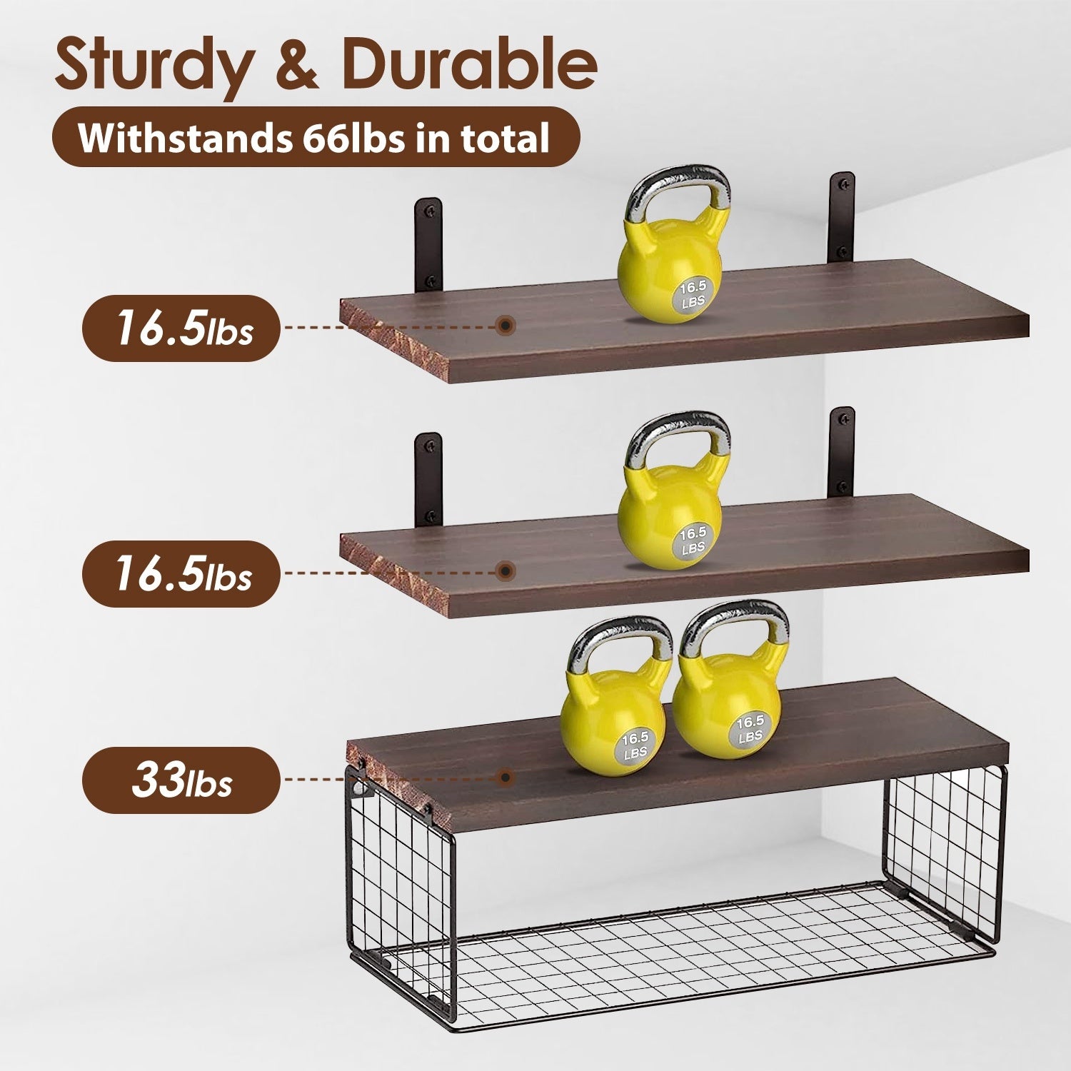 2-in-1 Floating Wall Shelves – Wooden Shelf with Storage Basket
